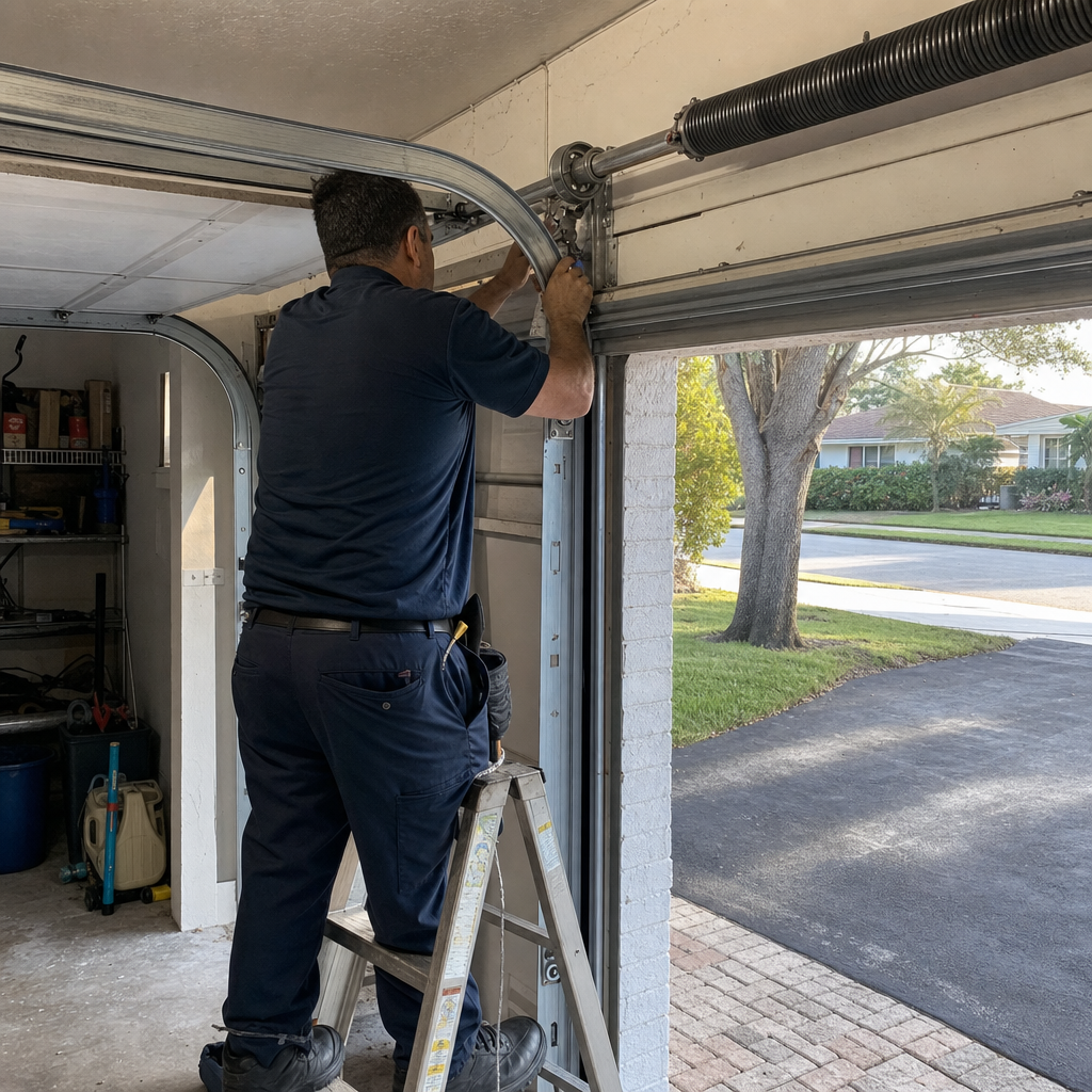 Garage door technician performing emergency repair on spring system in Miami, FL