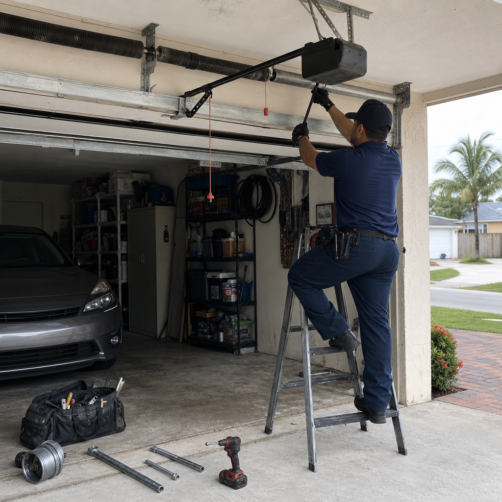 Garage door technician working with parts and tools in Miami, FL