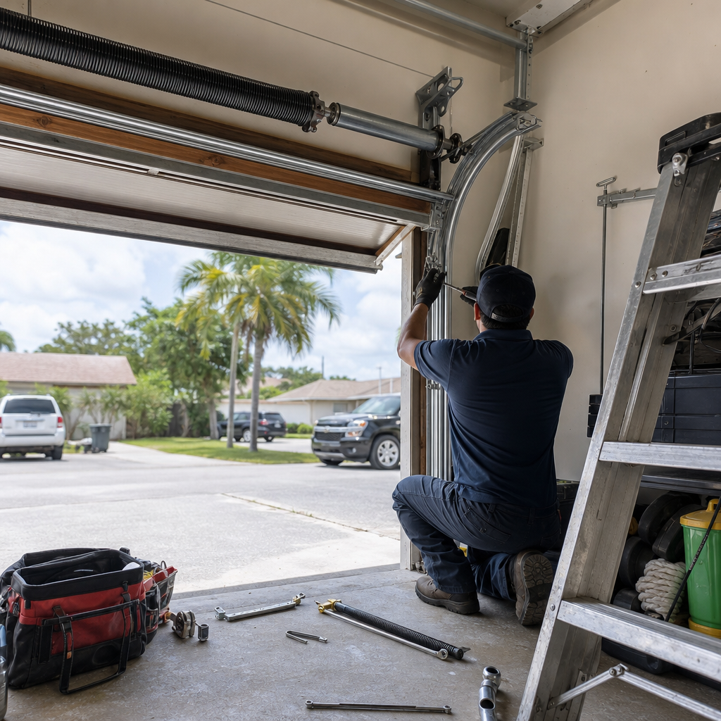 Garage door technician working on spring repair in Miami, FL